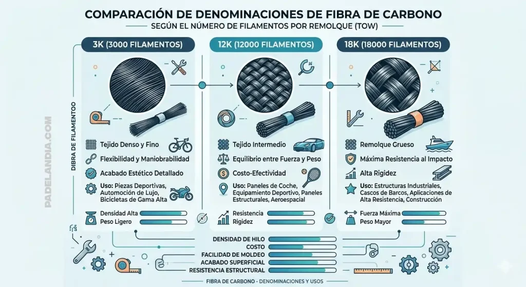 Fibras de carbono usados en paletas de padel y su TOW - infografía