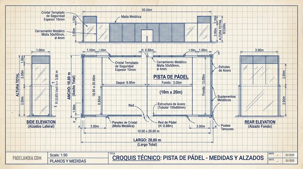 Croquis técnico cancha pista de padel