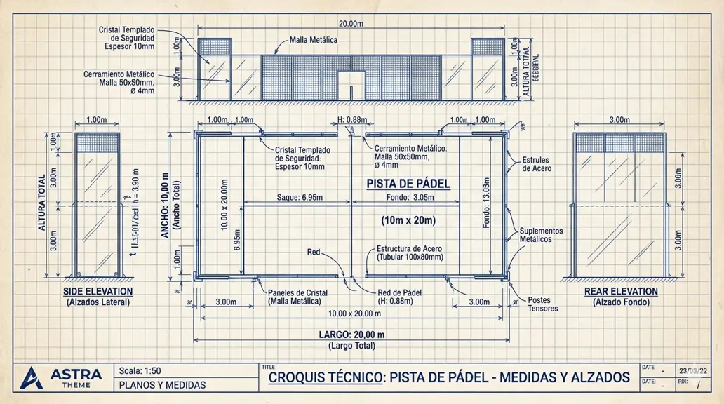 Croquis técnico de una cancha de pádel con sus medidas