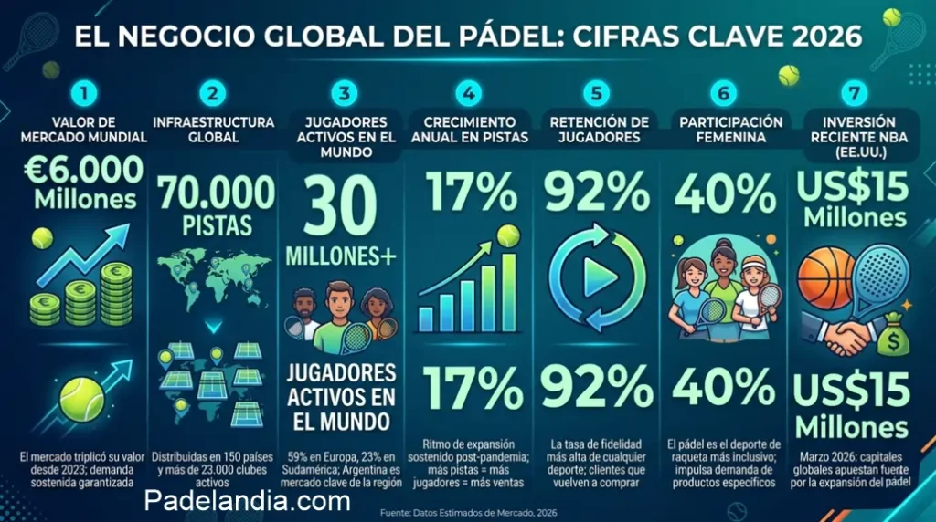 Mercado global pádel 2026 - 6000 millones euros 30 millones jugadores 70000 pistas