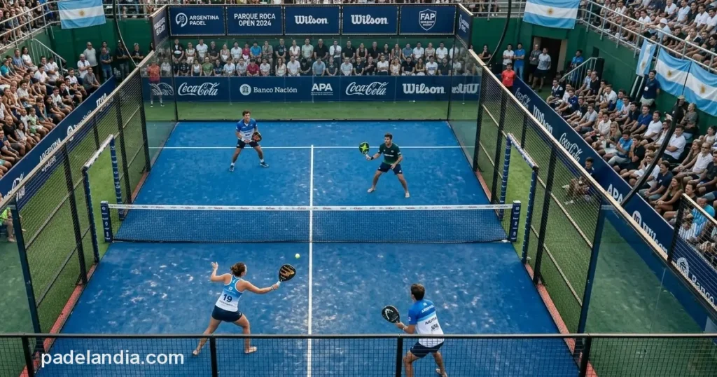 Jugadores de pádel compitiendo en un torneo federado APA en Argentina