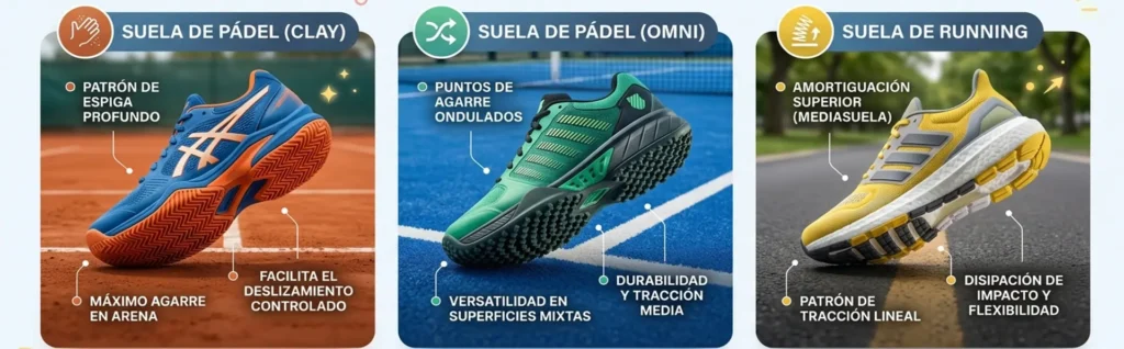 Diferencia entre suela de zapatilla de pádel clay omni y running