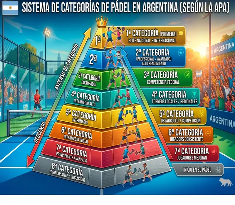 Pirámide del sistema de categorías de pádel en Argentina: de 8ª a 1ª según la APA